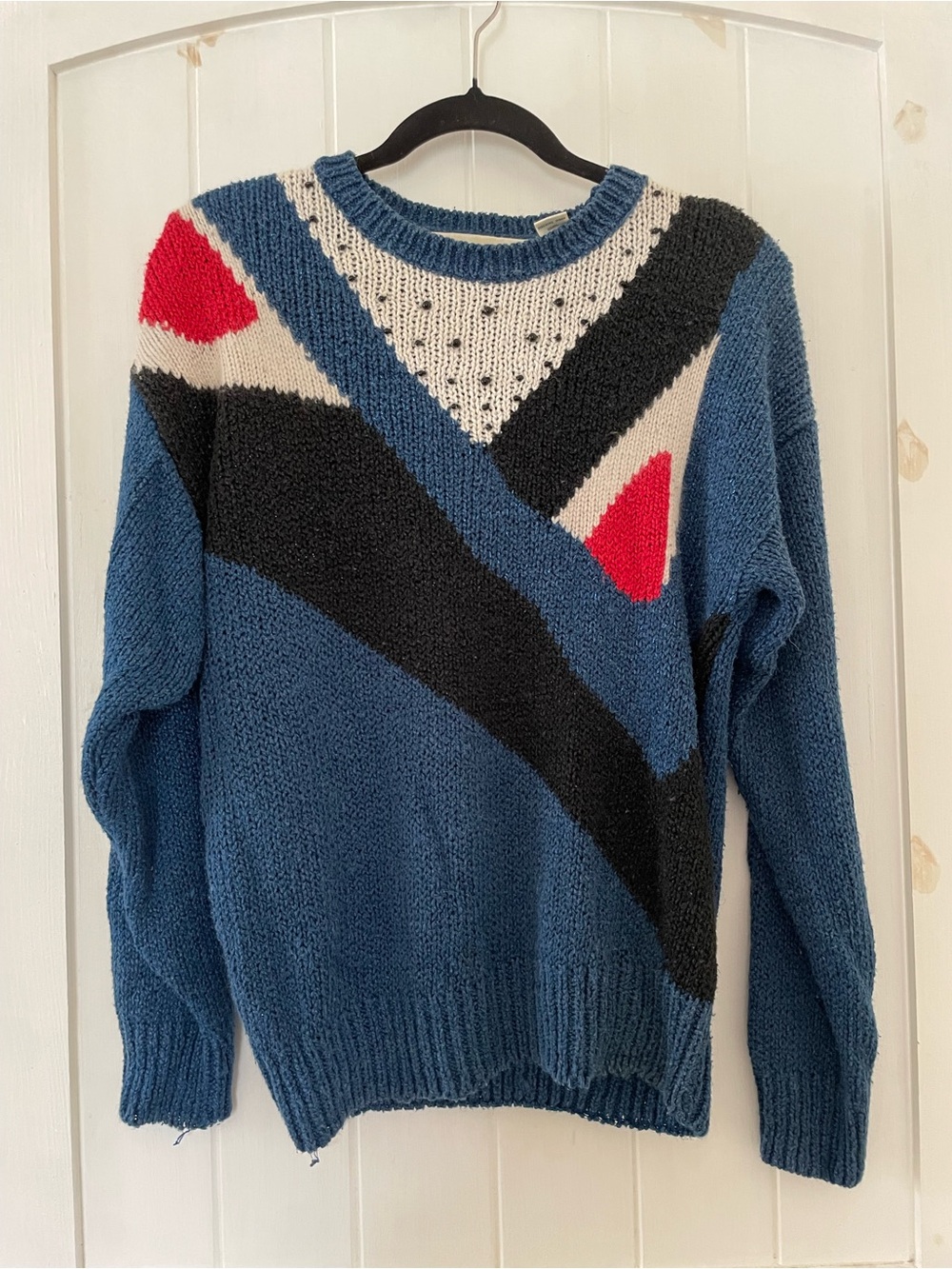Vintage Bramble Lane Blue Geometric Colorblock Knit Sweater Pullover Sz M